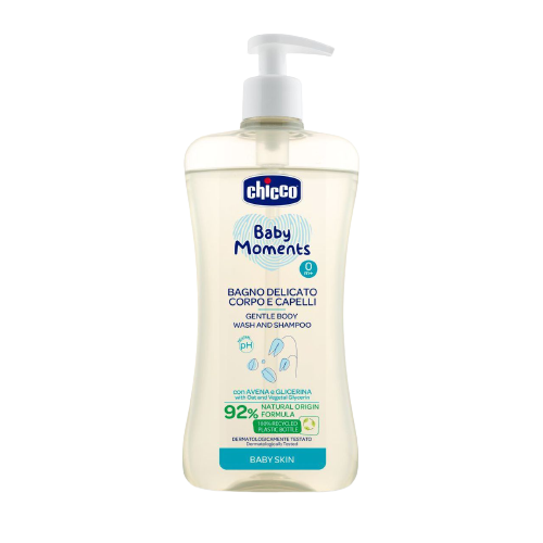 CHICCO Šampon jemný na vlasy a tělo s dávkovačem Baby Moments 92 % přírodních složek 500 ml
