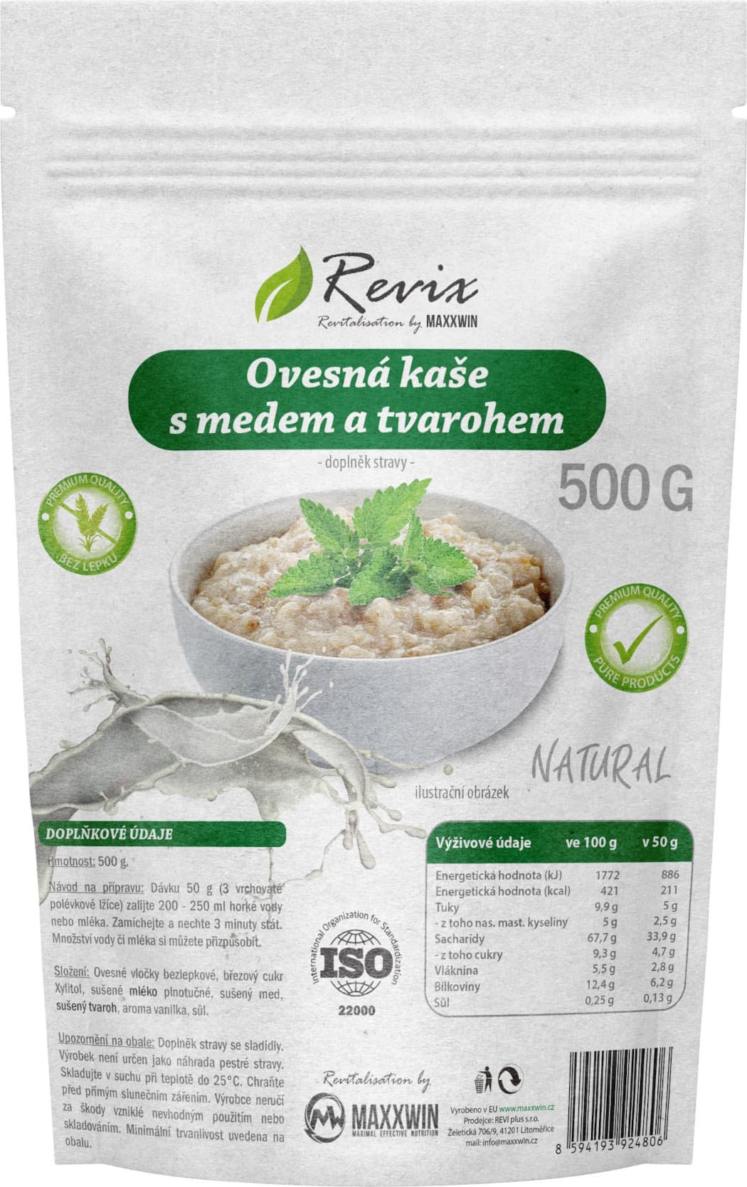 Fotografie Revix Ovesná kaše s medem a tvarohem natural 500 g