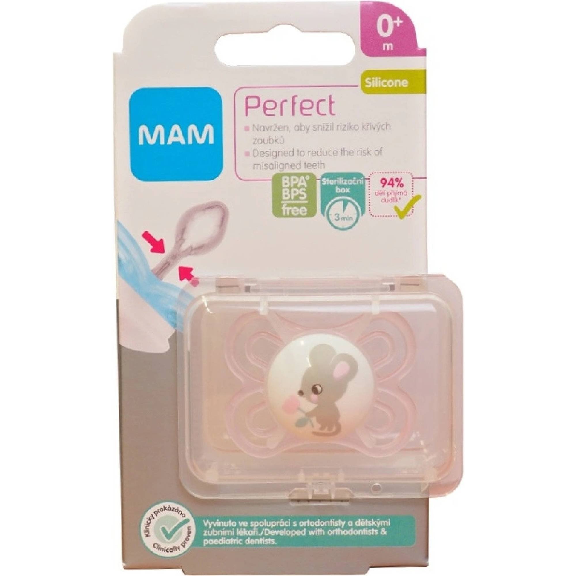 MAM Dudlík Perfect 0m+, růžový/myš