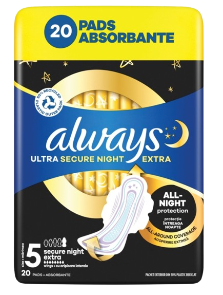 ALWAYS Ultra Secure Night Extra, Hygienické vložky (vel. 5) s křidélky 20 ks