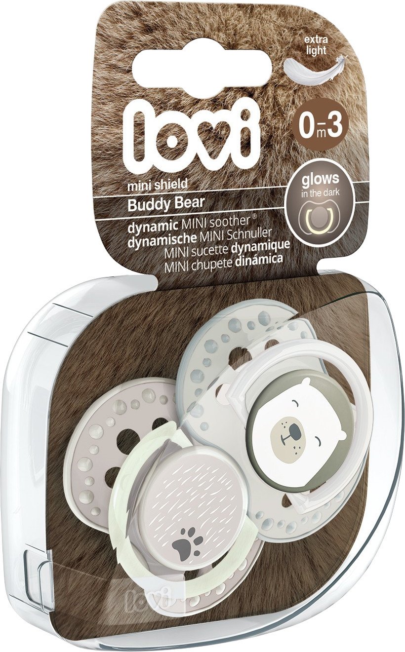 LOVI Cumlík s mini štítkom silikónový dynamický Buddy Bear 0-3m 2 ks