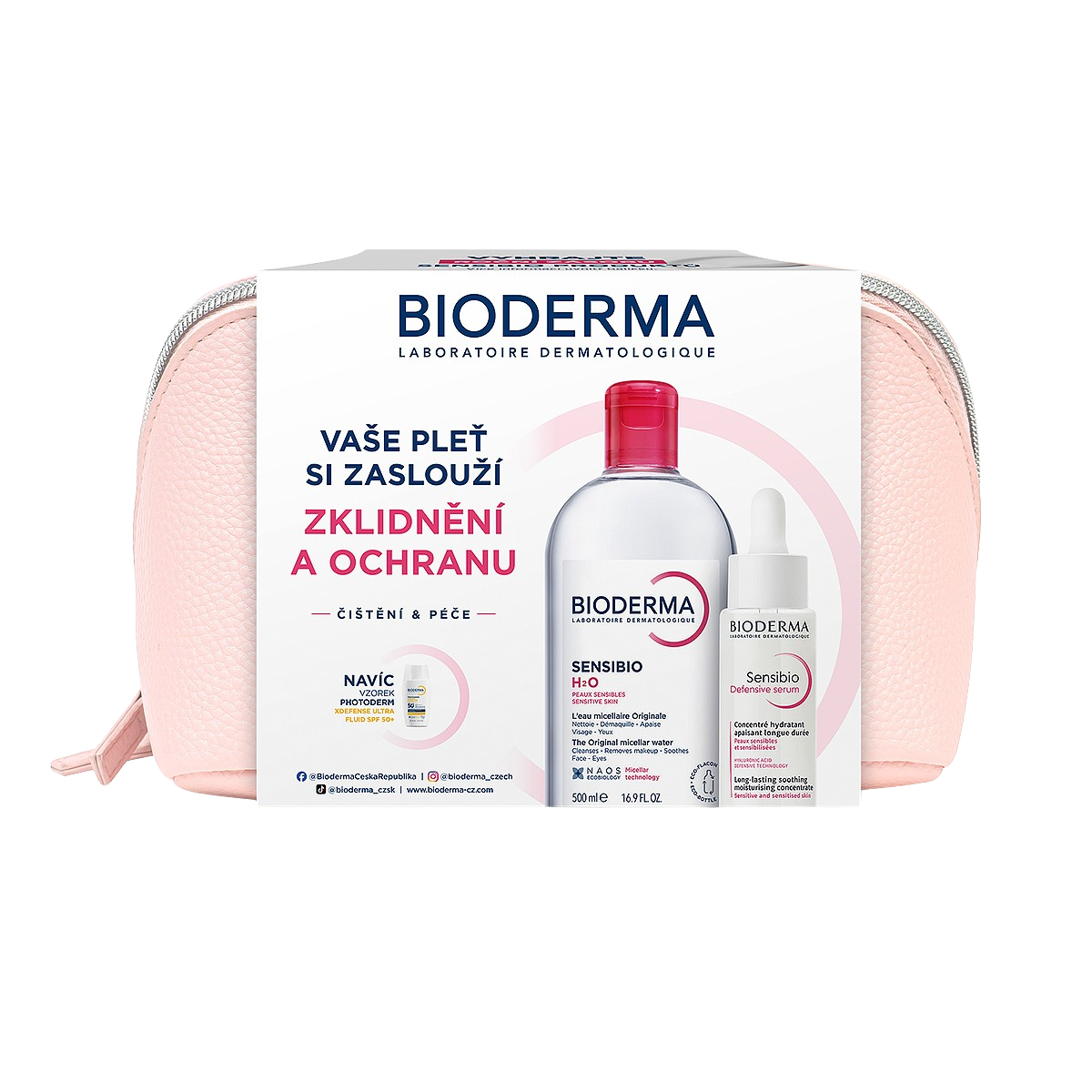 Bioderma Sensibio H2O micelární voda pro citlivou pleť 500 ml + Bioderma Sensibio Defensive sérum proti stárnutí pleti pro citlivou pleť 30 ml + kosmetická taštička