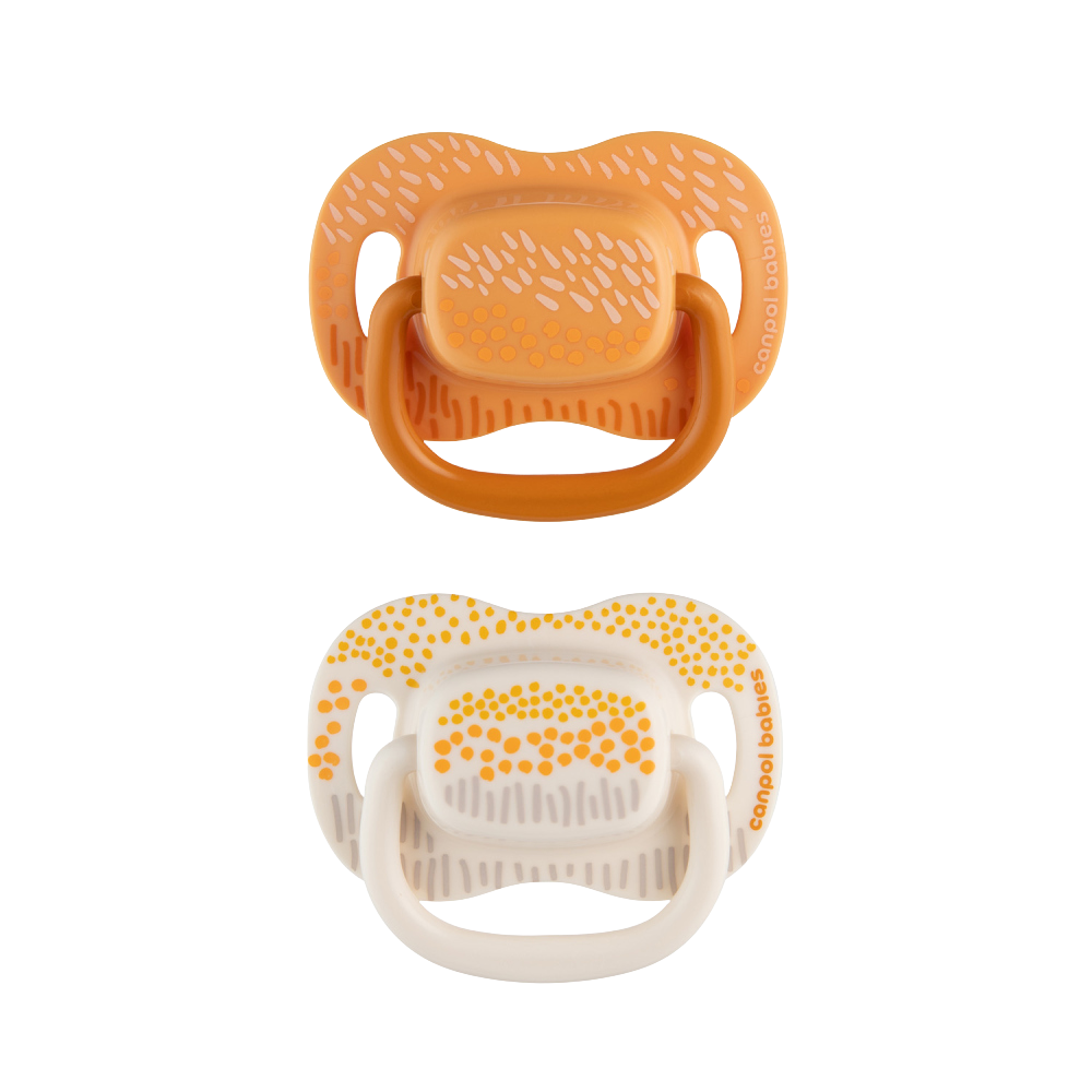 CANPOL BABIES Set symetrických silikonových dudlíků Mountains 0-6m, žlutý 2 ks