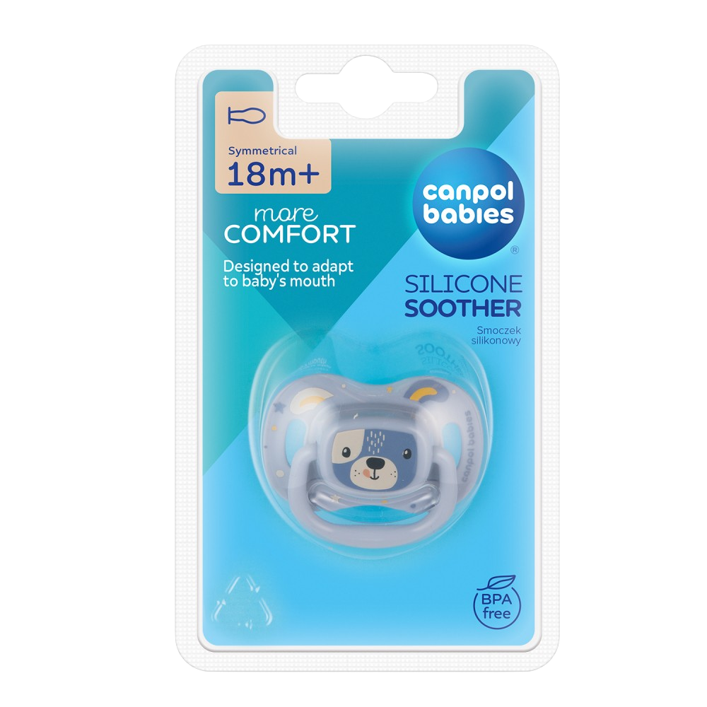 Fotografie CANPOL BABIES Dudlík silikonový symetrický Cute animals 18m+ modrý