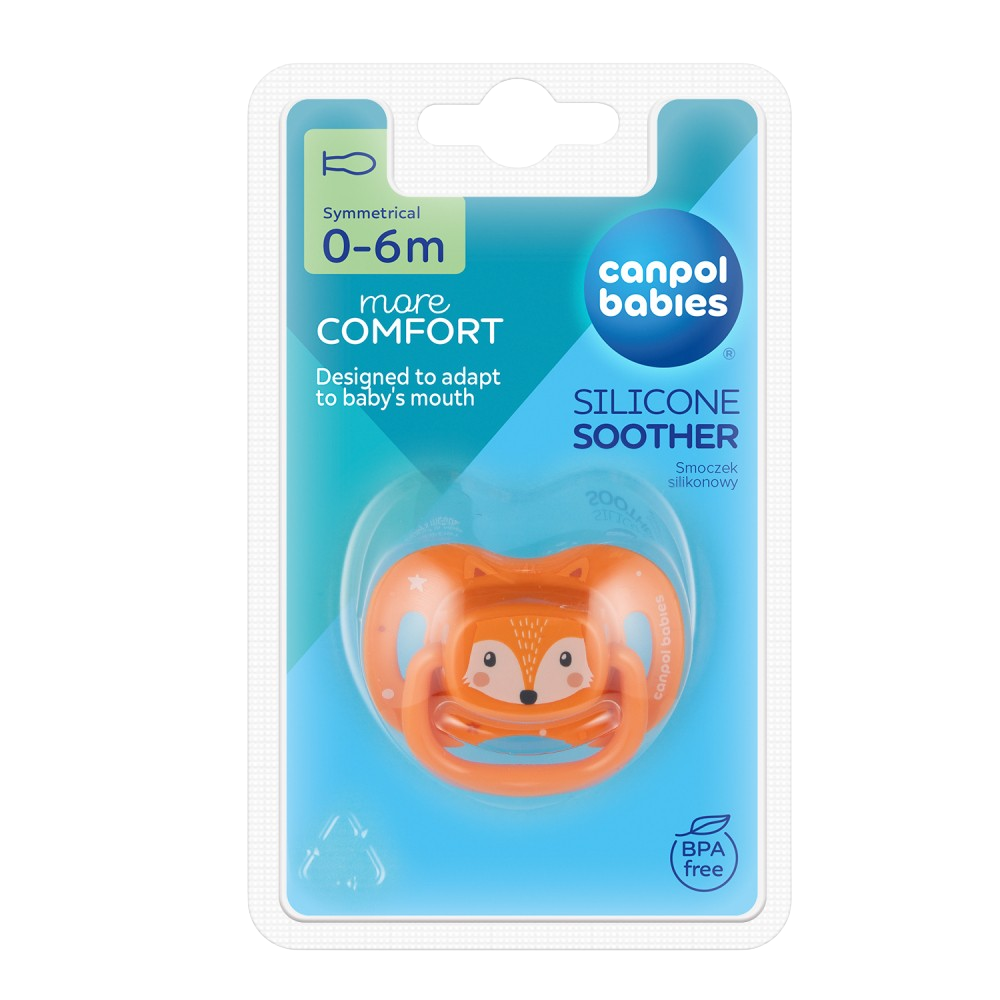CANPOL BABIES Dudlík silikonový symetrický Cute animals 0-6m oranžový