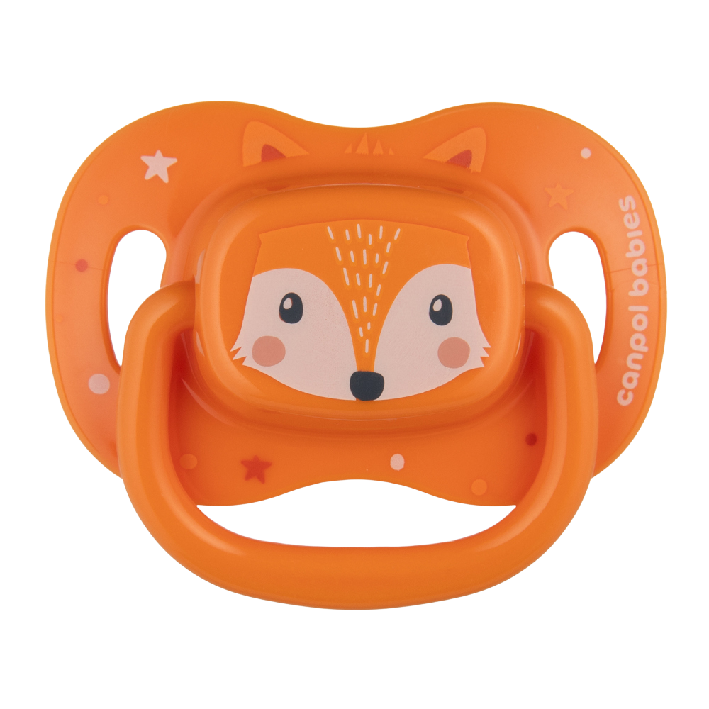 CANPOL BABIES Dudlík silikonový symetrický Cute animals 6-18m oranžový