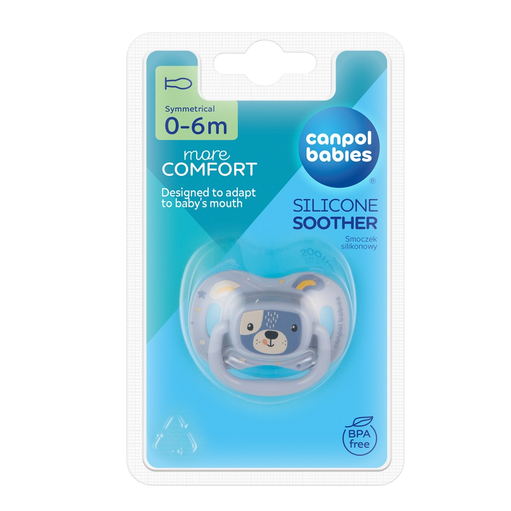 CANPOL BABIES Dudlík silikonový symetrický Cute animals 0-6m modrý