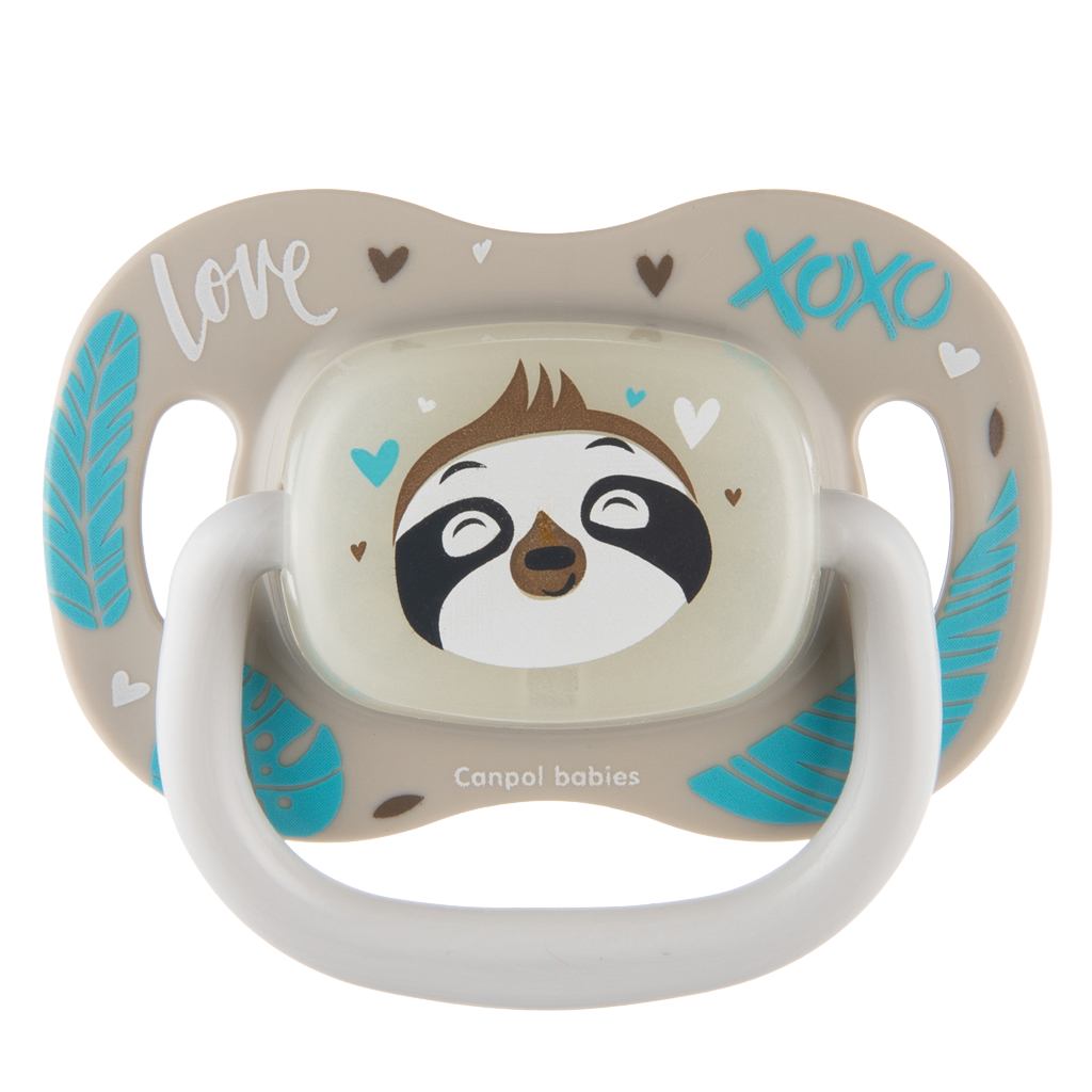 Fotografie CANPOL BABIES Dudlík silikonový symetrický Exotic animals 18m+ lenochod