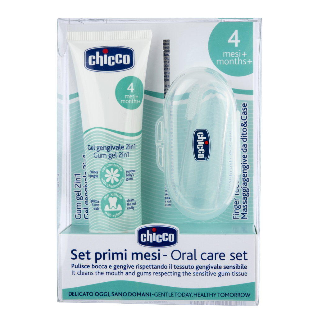 CHICCO Set zubní uklidňující gel a kartáček na prst s pouzdrem 4m+