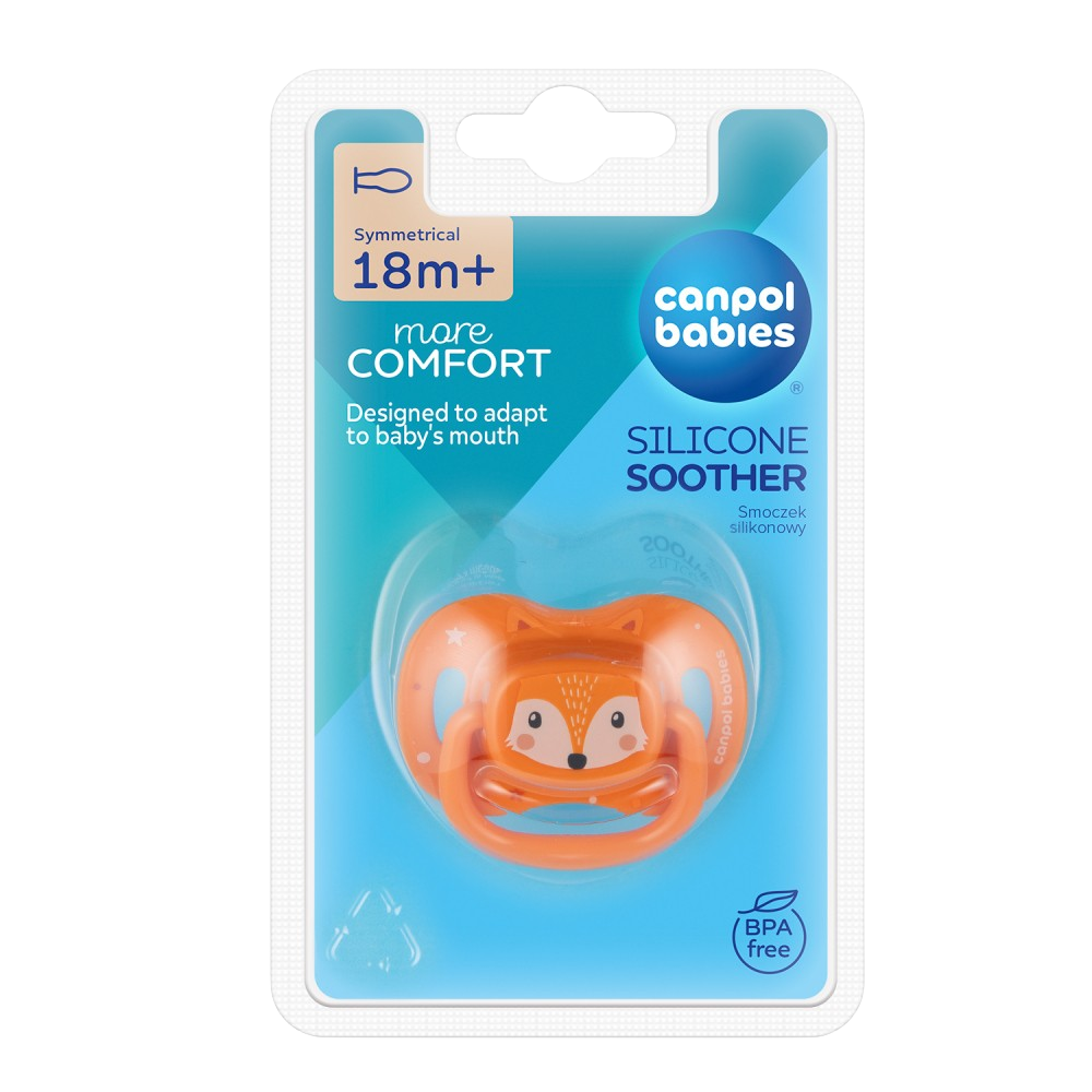 CANPOL BABIES Dudlík silikonový symetrický Cute animals 18m+ oranžový