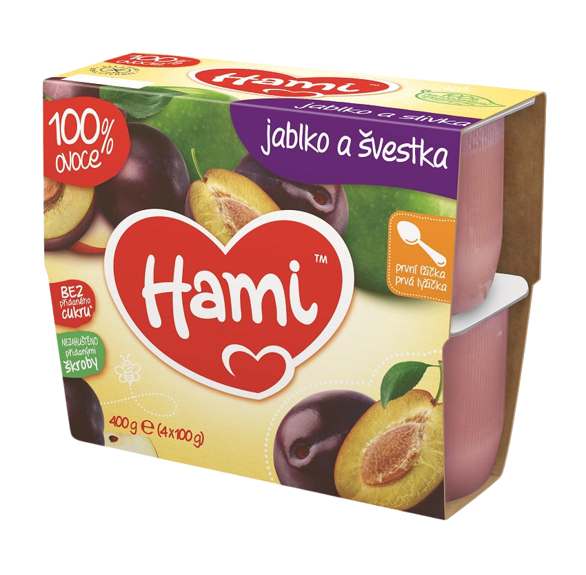 HAMI ovocný příkrm 100% ovoce jablko a švestka 4 x 100 g