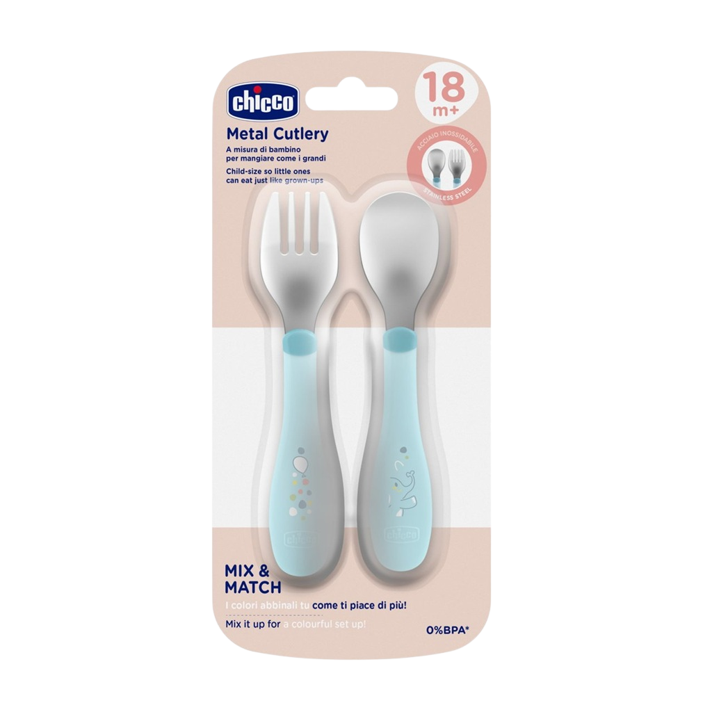 CHICCO Lžička a vidlička nerez - teal, 18m+