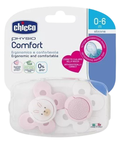 Chicco Šidítko Physio Comfort silikonové 0-6m, dívka - zajíček/tečky 2 ks