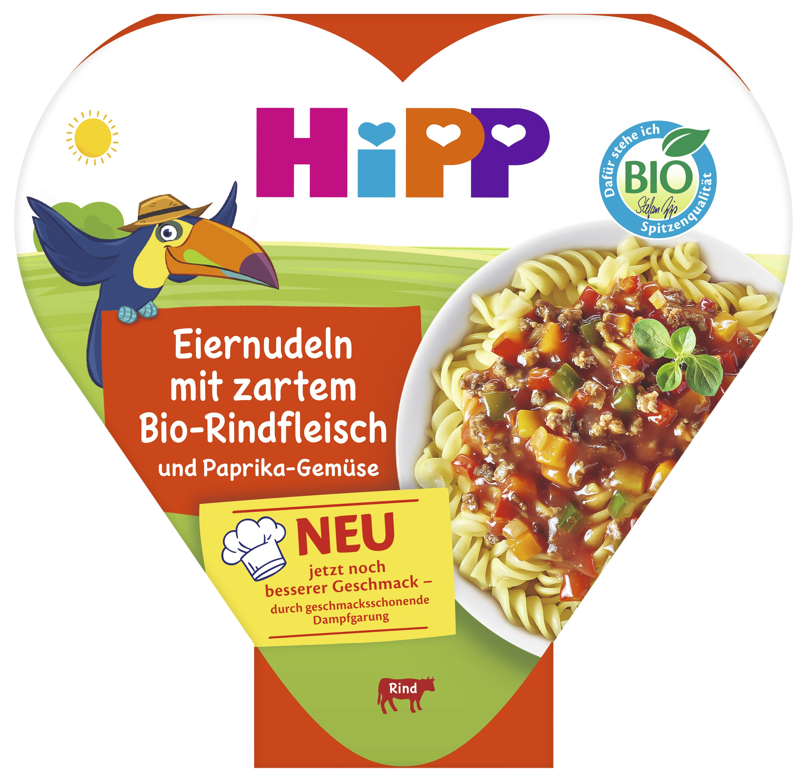HiPP BIO příkrm Vaječné nudle se zeleninou a paprikou a jemným hovězím masem 250 g