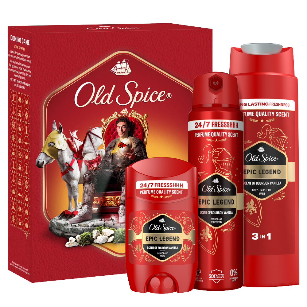 OLD SPICE Epic Legend Knight, Dárková sada - tuhý deodorant, deodorant ve spreji a sprchový gel + hra