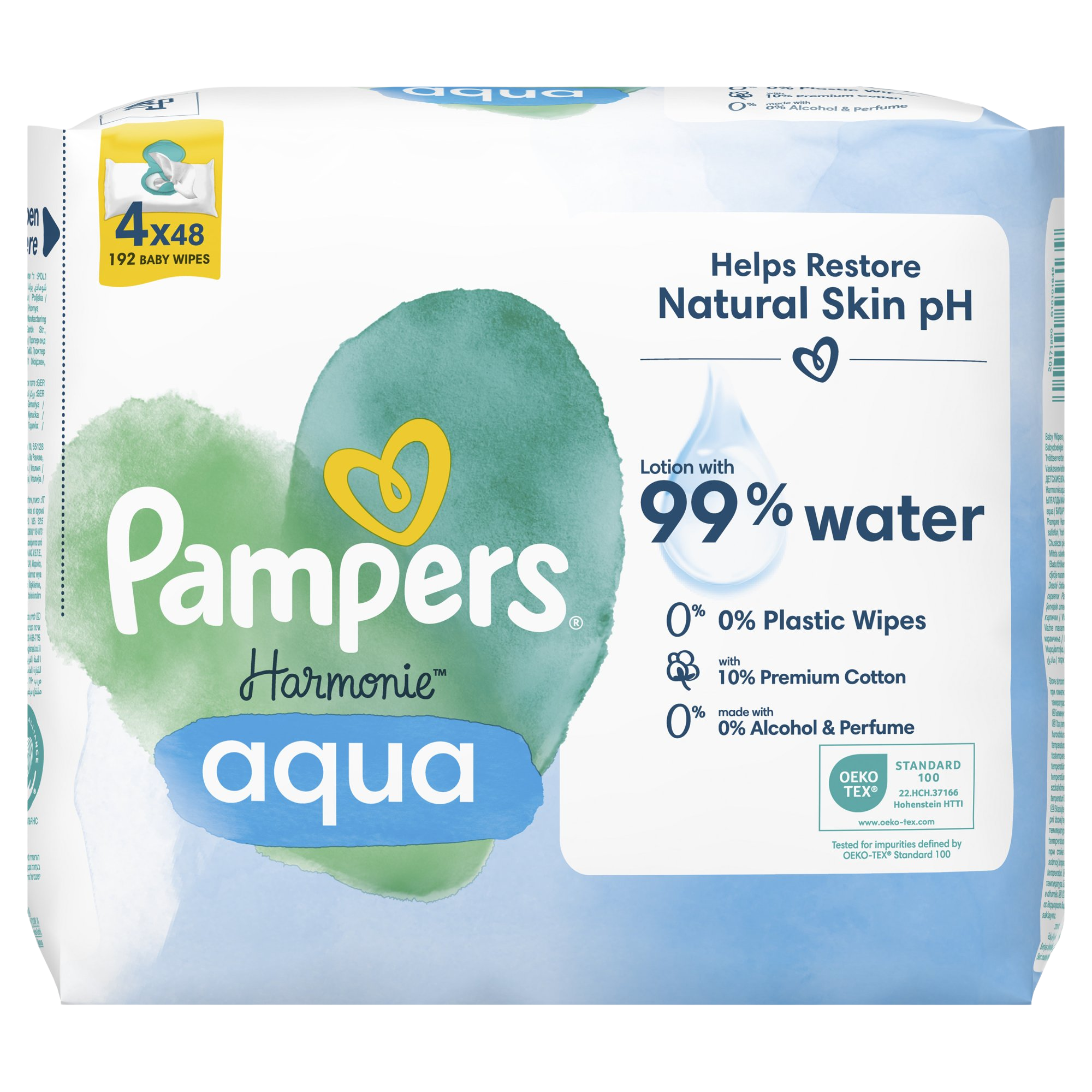 Pampers Harmonie Aqua Plastic Free Vlhčené ubrousky 4 x 48 ks