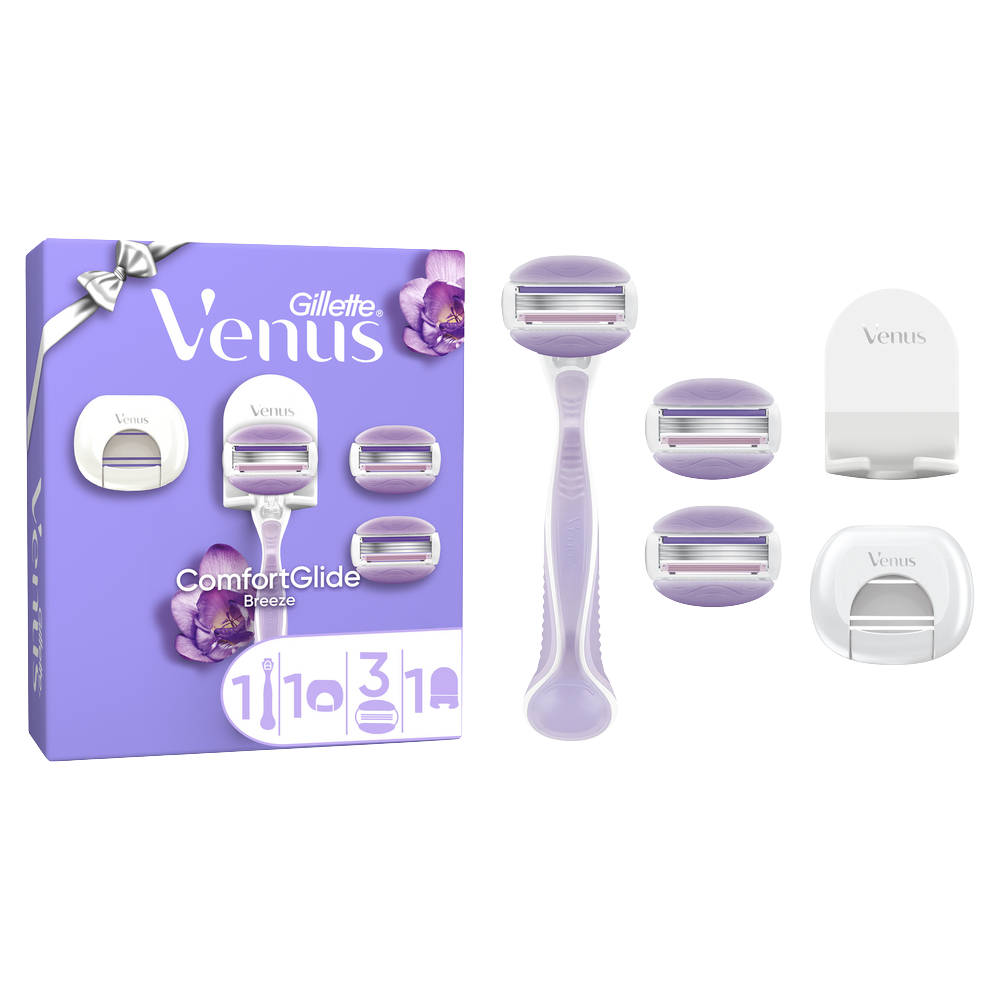 GILLETTE VENUS ComfortGlide Breeze Xmas dárková sada - holicí strojek, 3 holicí hlavice, kryt čepele, sprchový věšák