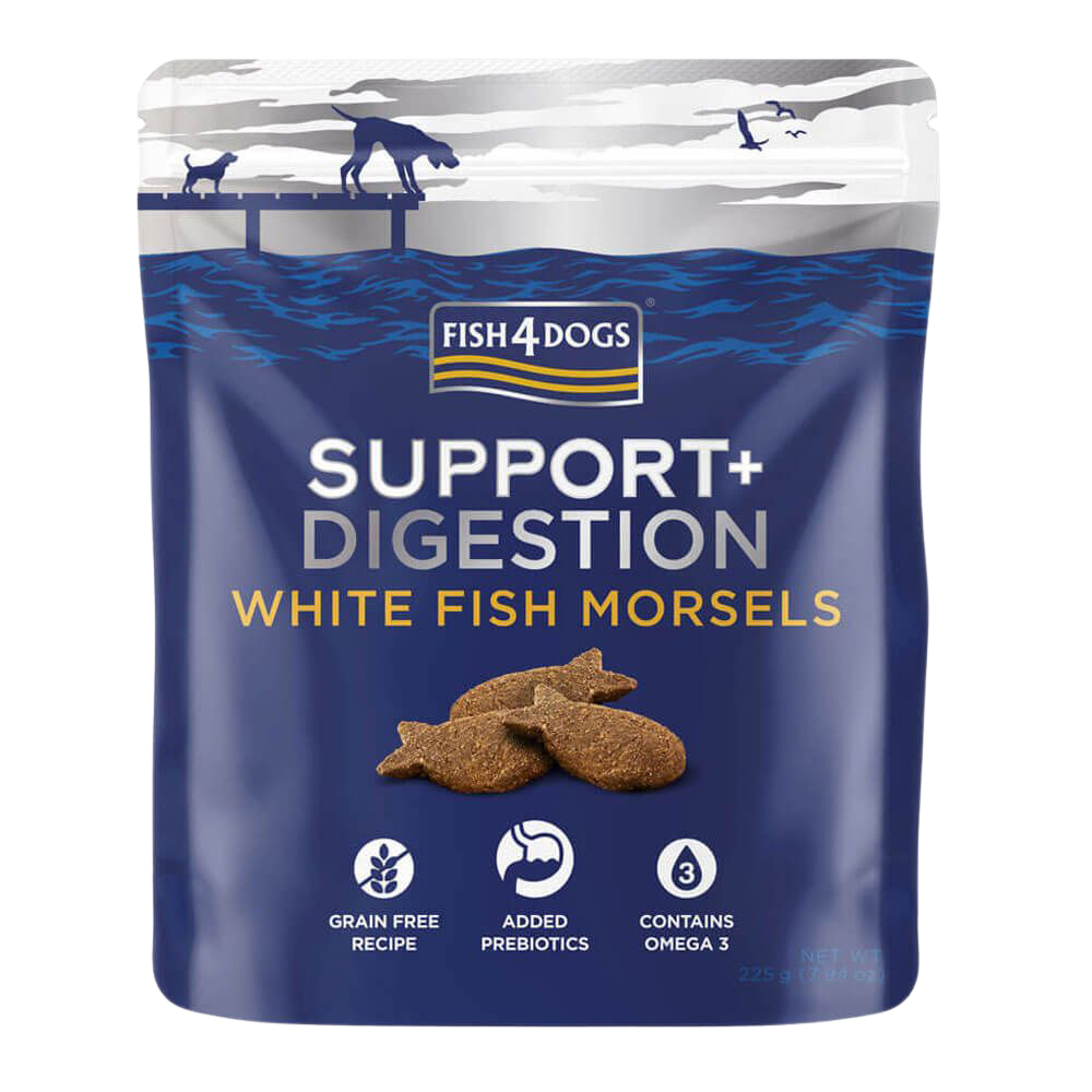 FISH4DOGS Pamlsky pro psy na podporu trávení s kousky bílé ryby 225 g