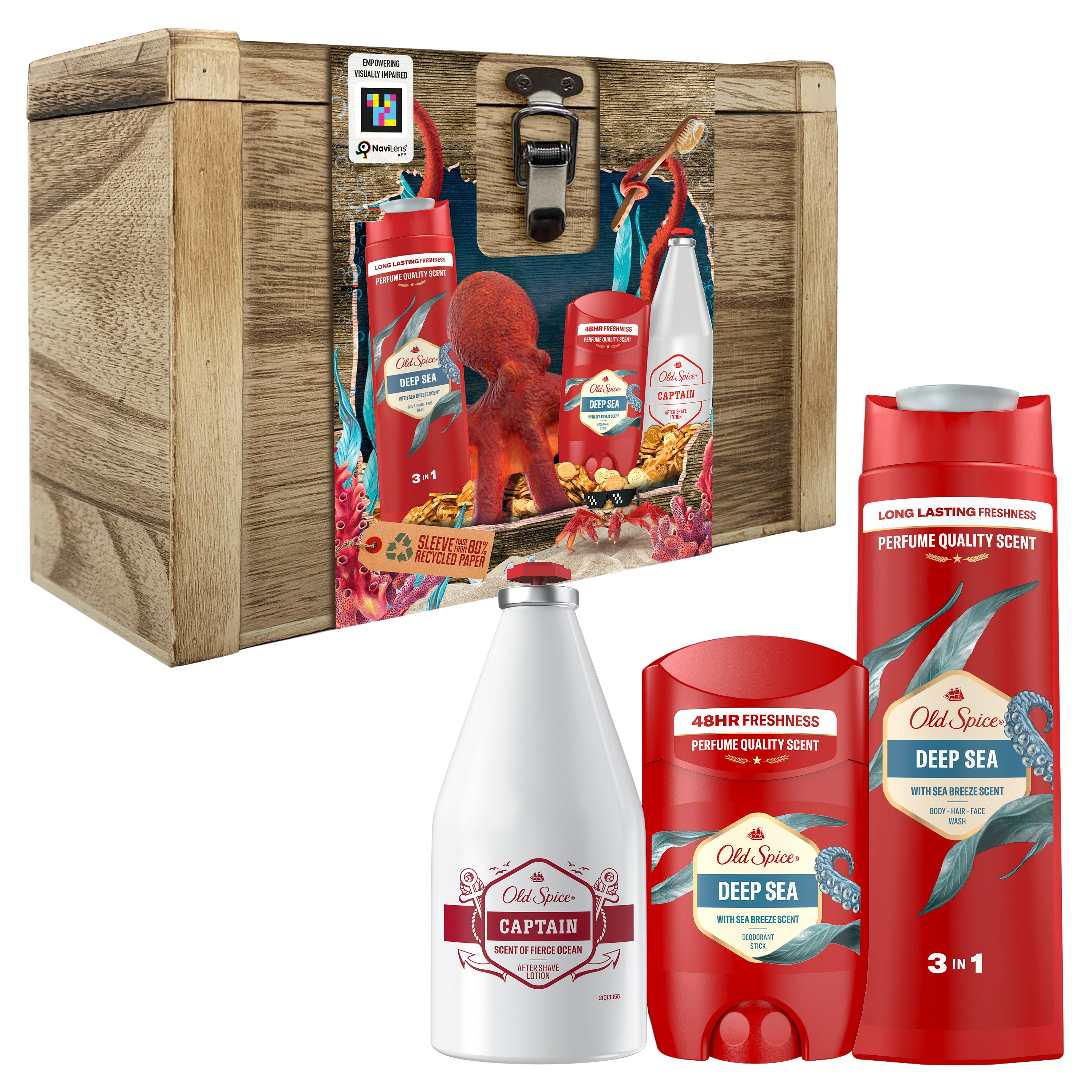 OLD SPICE Treasure Chest pro muže, tuhý deodorant a sprchový gel Deep Sea a voda po holení Captain
