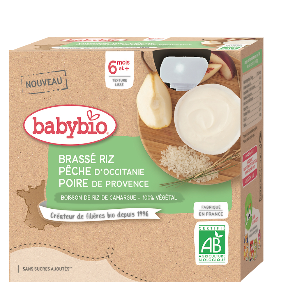 BABYBIO Rýžová kaše s broskví a hruškou 4 x 85 g