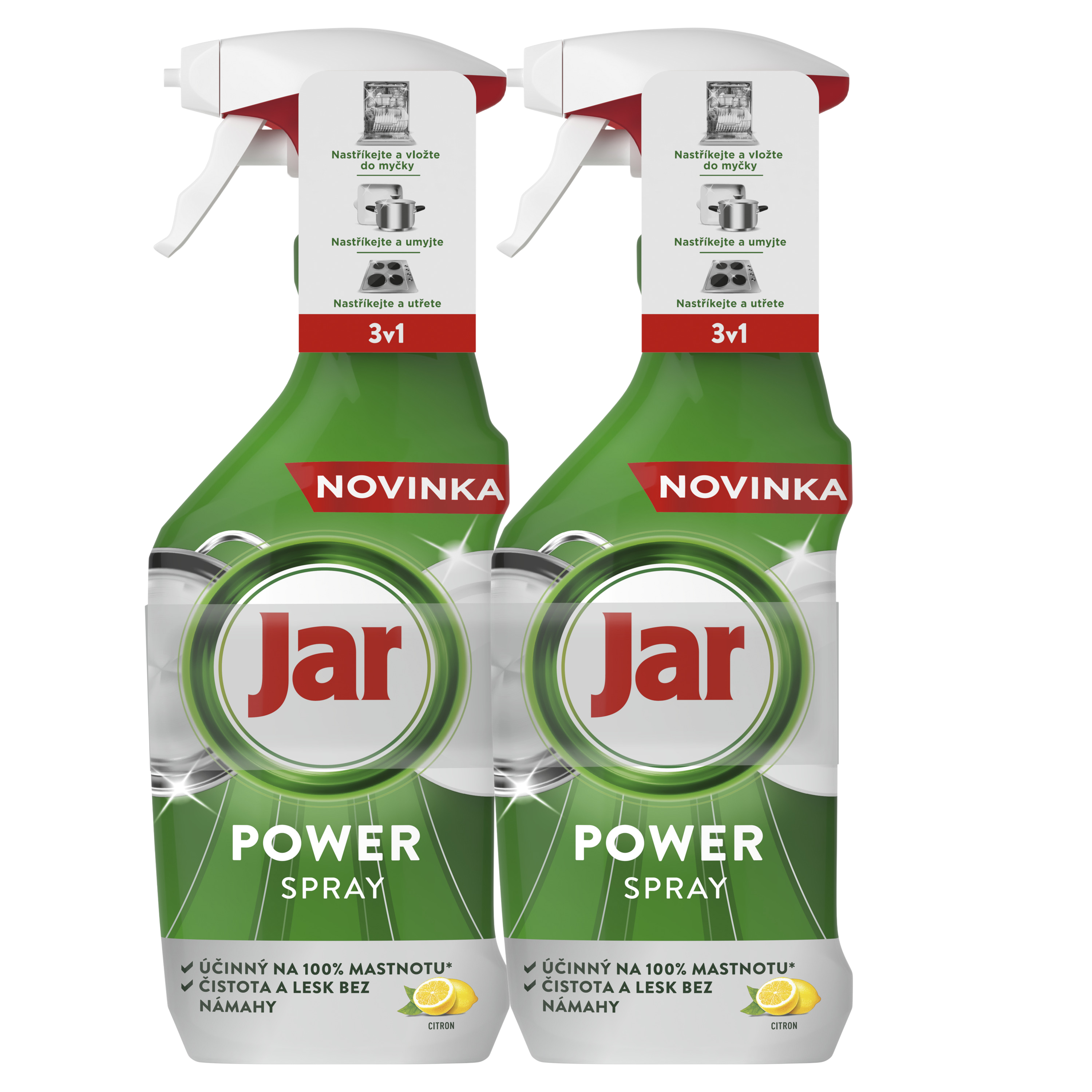 JAR Power Spray 3v1, víceúčelový sprej na nádobí a do kuchyně, citronová vůně 2 x 500 ml