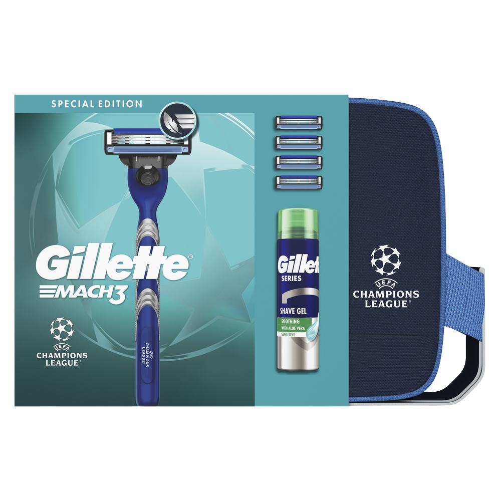 GILLETTE Mach3 Charcoal UEFA Champions League Special Edition, dárková sada - Pánský strojek, gel na holení + taška
