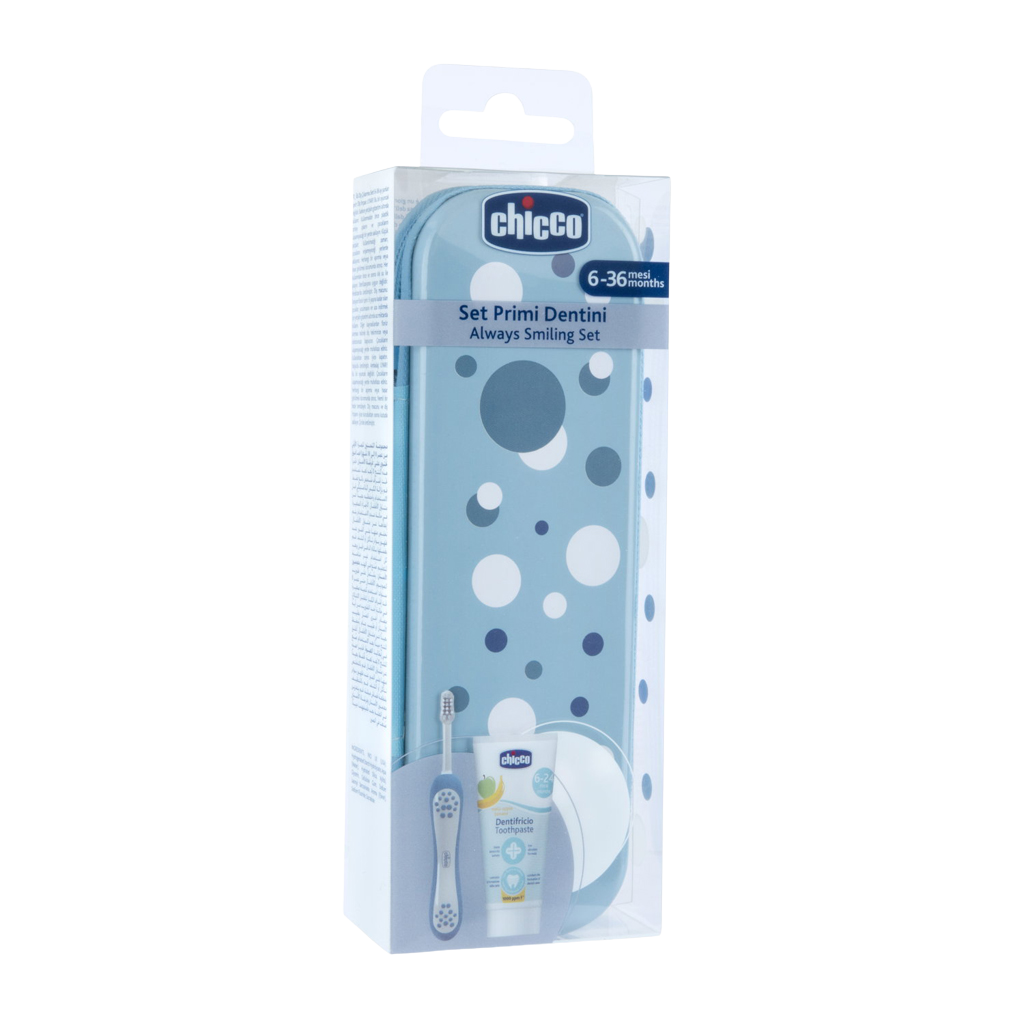 CHICCO Set zubní kartáček a pasta v pouzdře Always smiling - light blue, 6m+