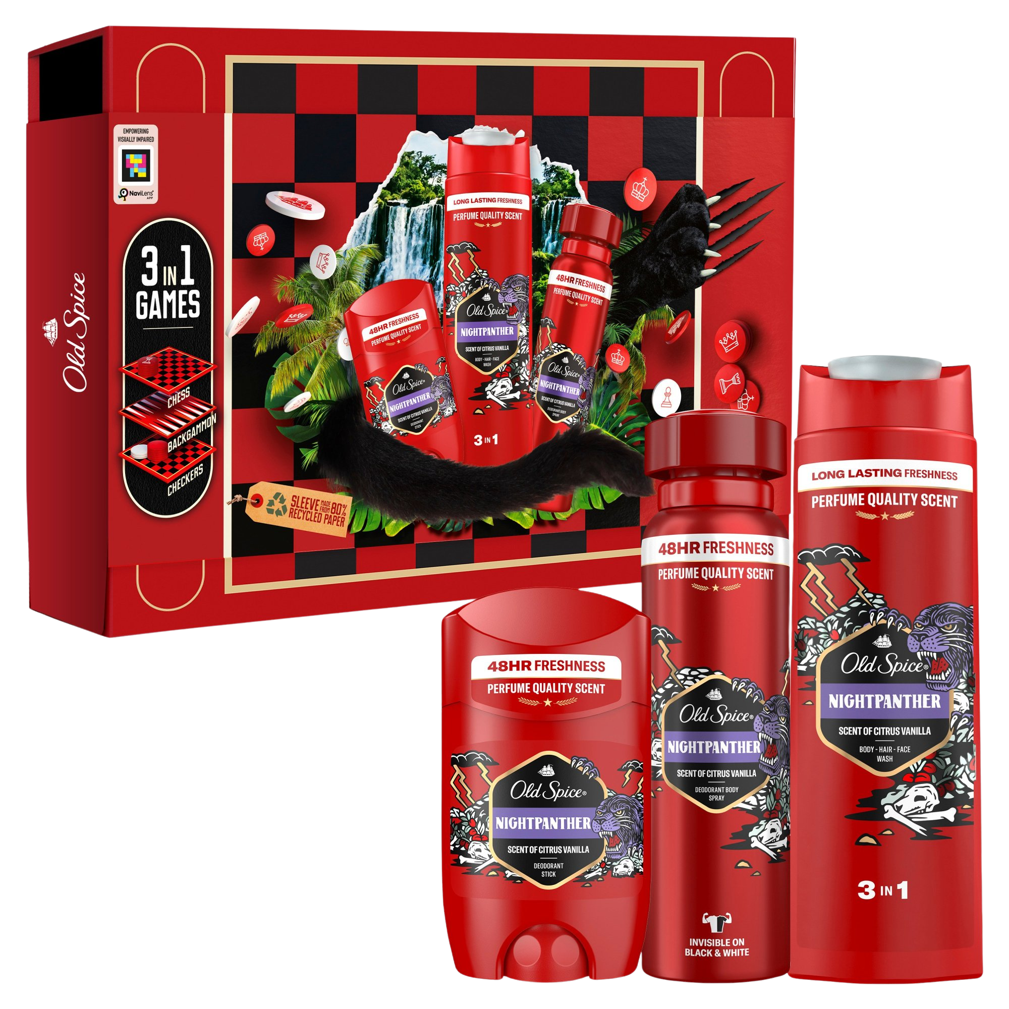 OLD SPICE Gamebox Night Panther s dezodorantom v spreji 150ml, tuhým dezodorantom 50ml a sprchovacím gélom 400ml