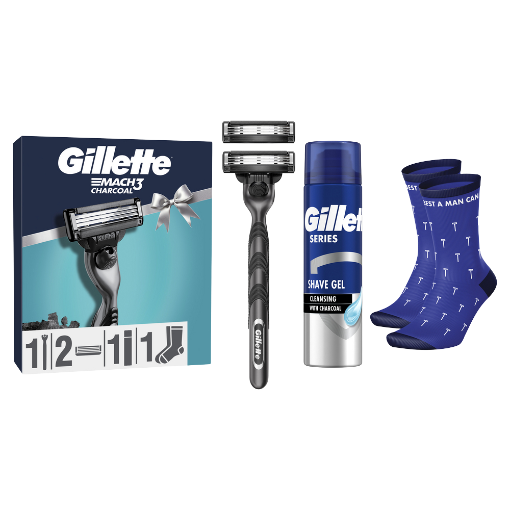 GILLETTE Mach3 Charcoal dárková sada - holící strojek a čistící gel na holení + dárek