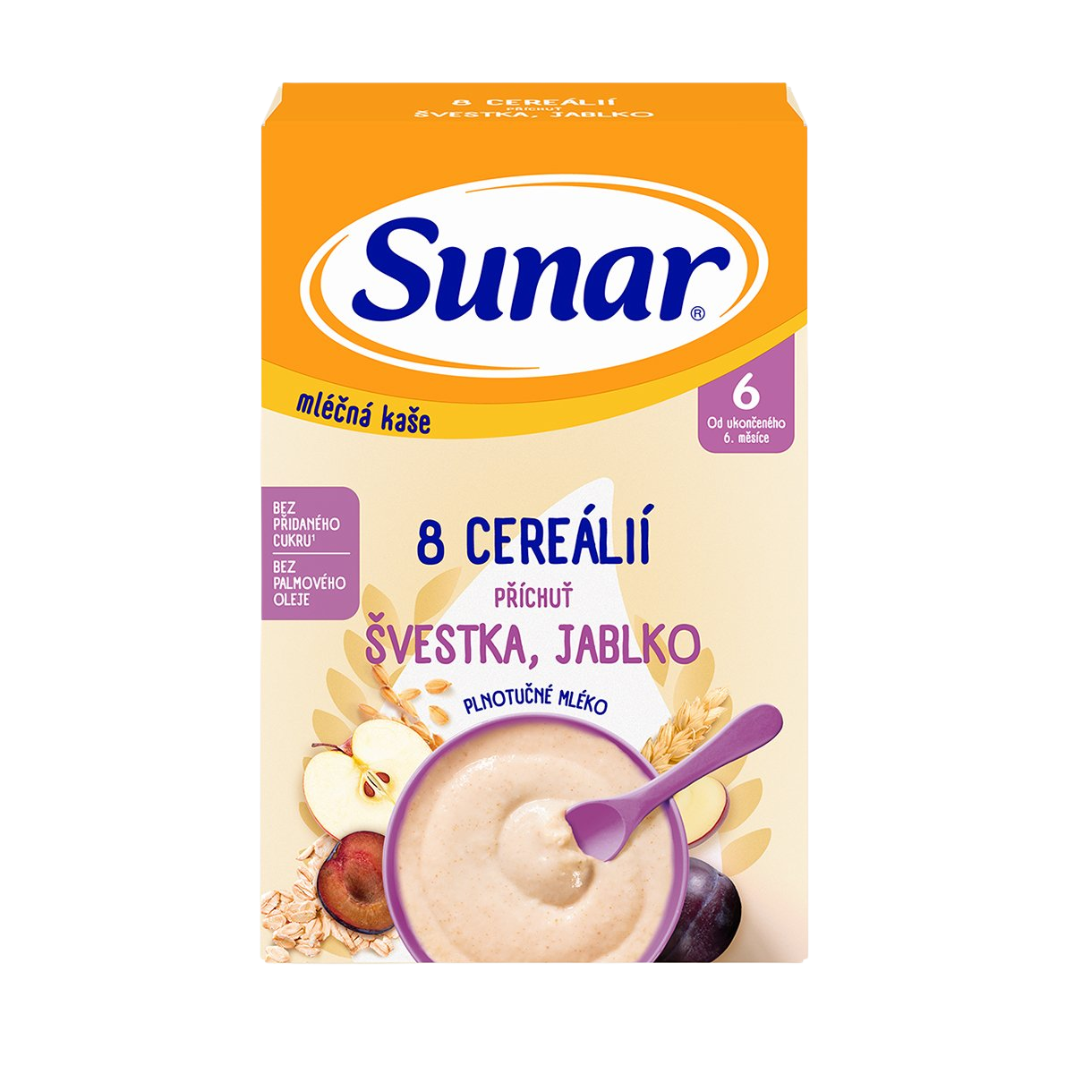 SUNAR mléčná kaše s 8 cereáliemi, švestka, jablko 210 kg