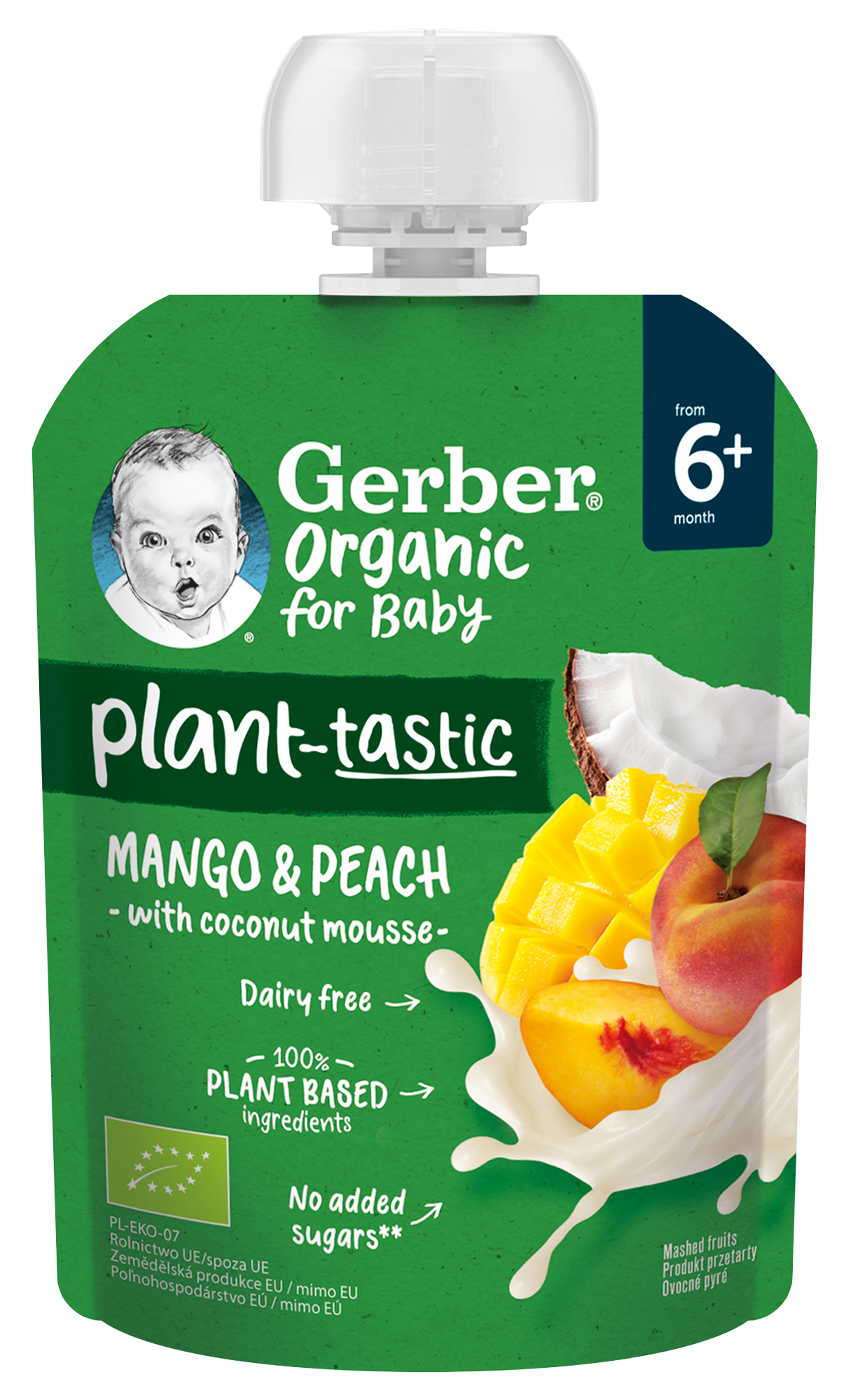 GERBER Organic ovocná kapsička mango a broskev s kokosovým mlékem 80 g