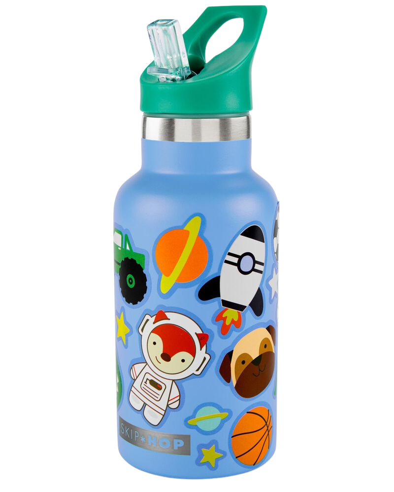 SKIP HOP Láhev s nálepkami se slámkovým náústkem nerezová modrá 4r+, 380 ml