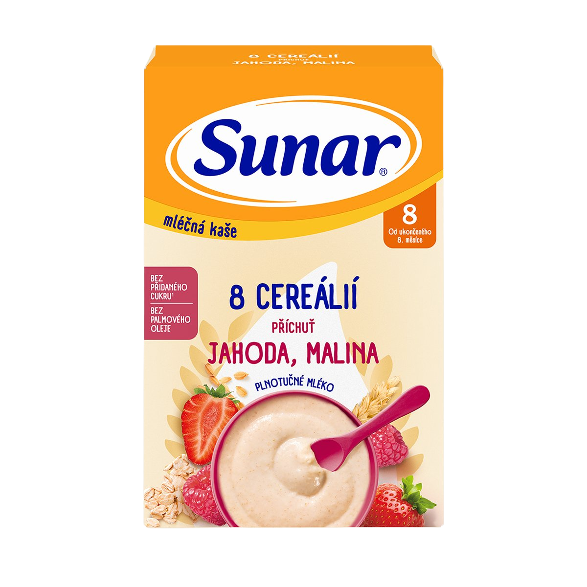 SUNAR mléčná kaše s 8 cereáliemi, jahoda, malina 210 g