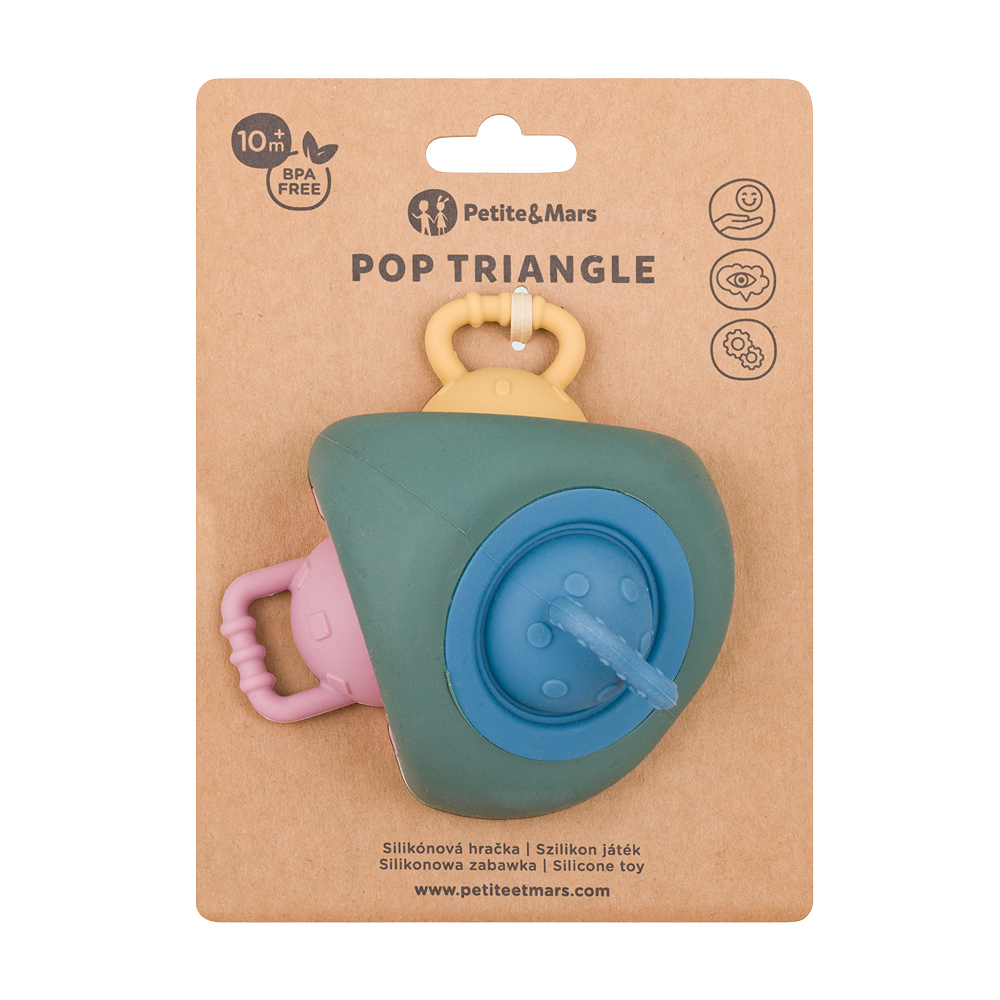 PETITE&MARS Hračka silikonová Pop Up Triangle Misty Green 10m+