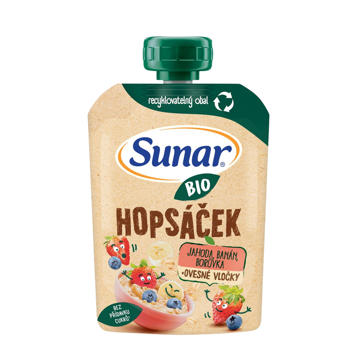 Sunar BIO ovocná kapsička Hopsáček jahoda, banán, borůvka a ovesné vločky 100 g