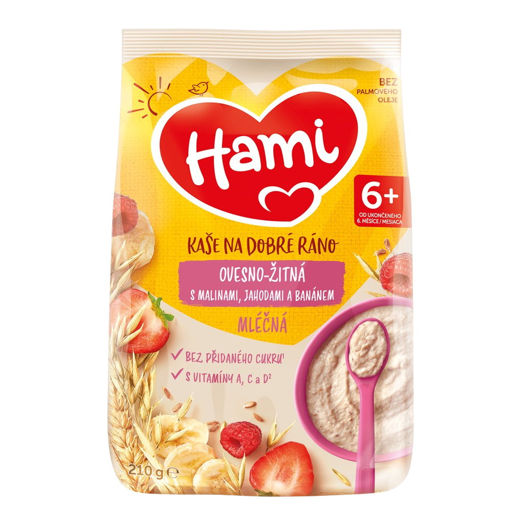 Hami Kaše mléčná ovesno-žitná s banánem, jahodami a malinami 210 g