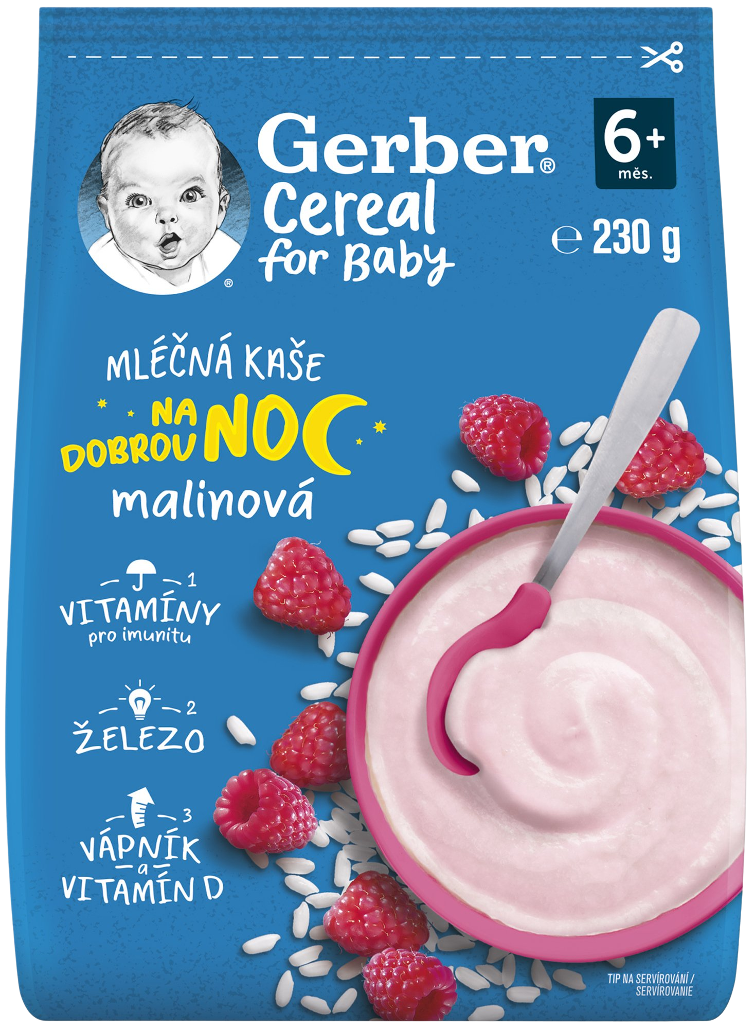 Gerber Cereal mléčná kaše malinová Dobrou noc 230 g