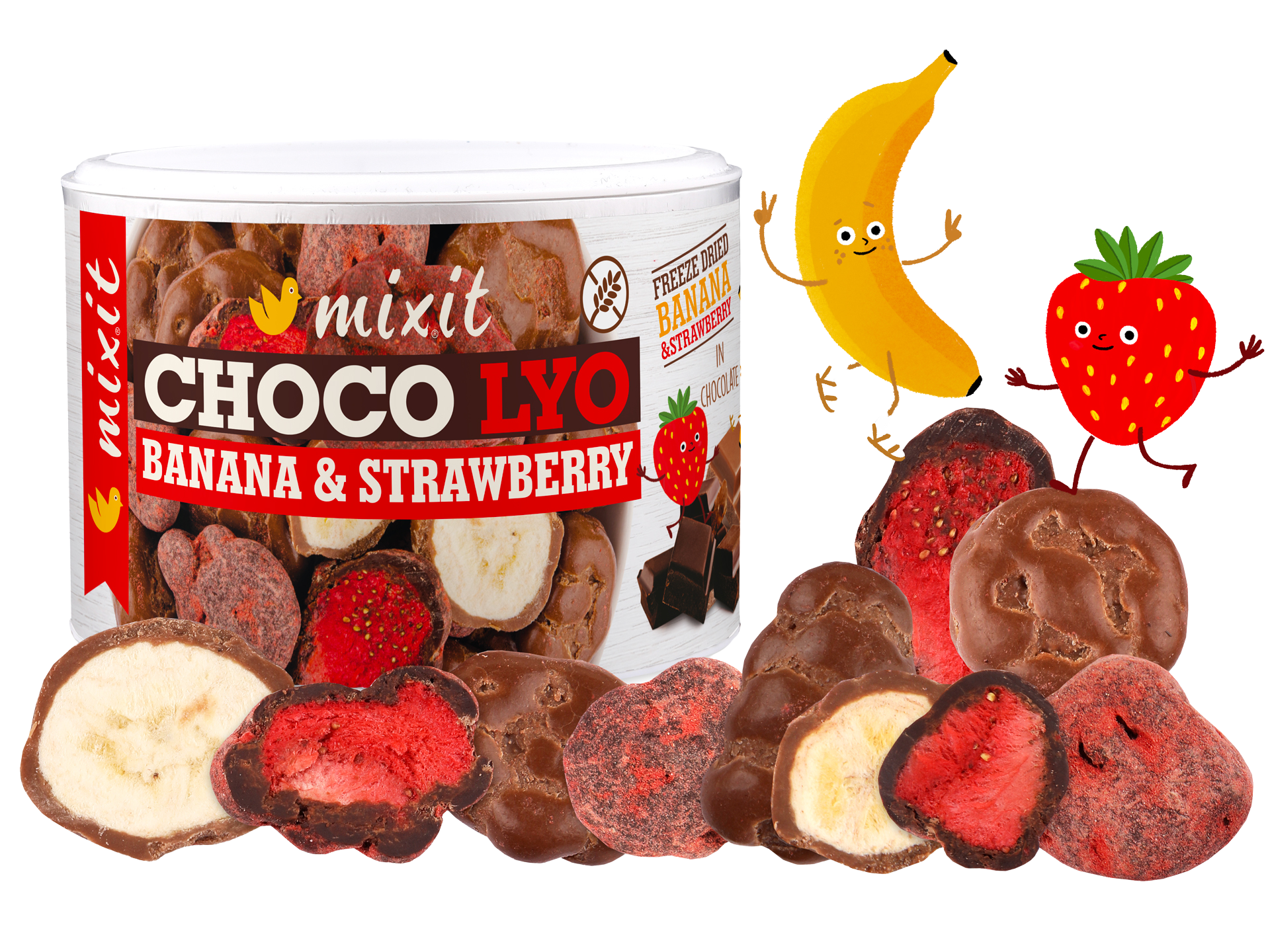 MIXIT Křupavé banánky a jahody v čokoládě 150 g
