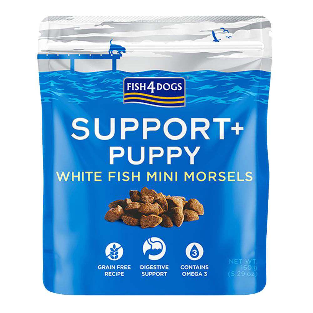 FISH4DOGS Support+ Puppy, Pamlsky pro štěňátka na podporu trávení s kousky bílé ryby a prebiotiky 150 g