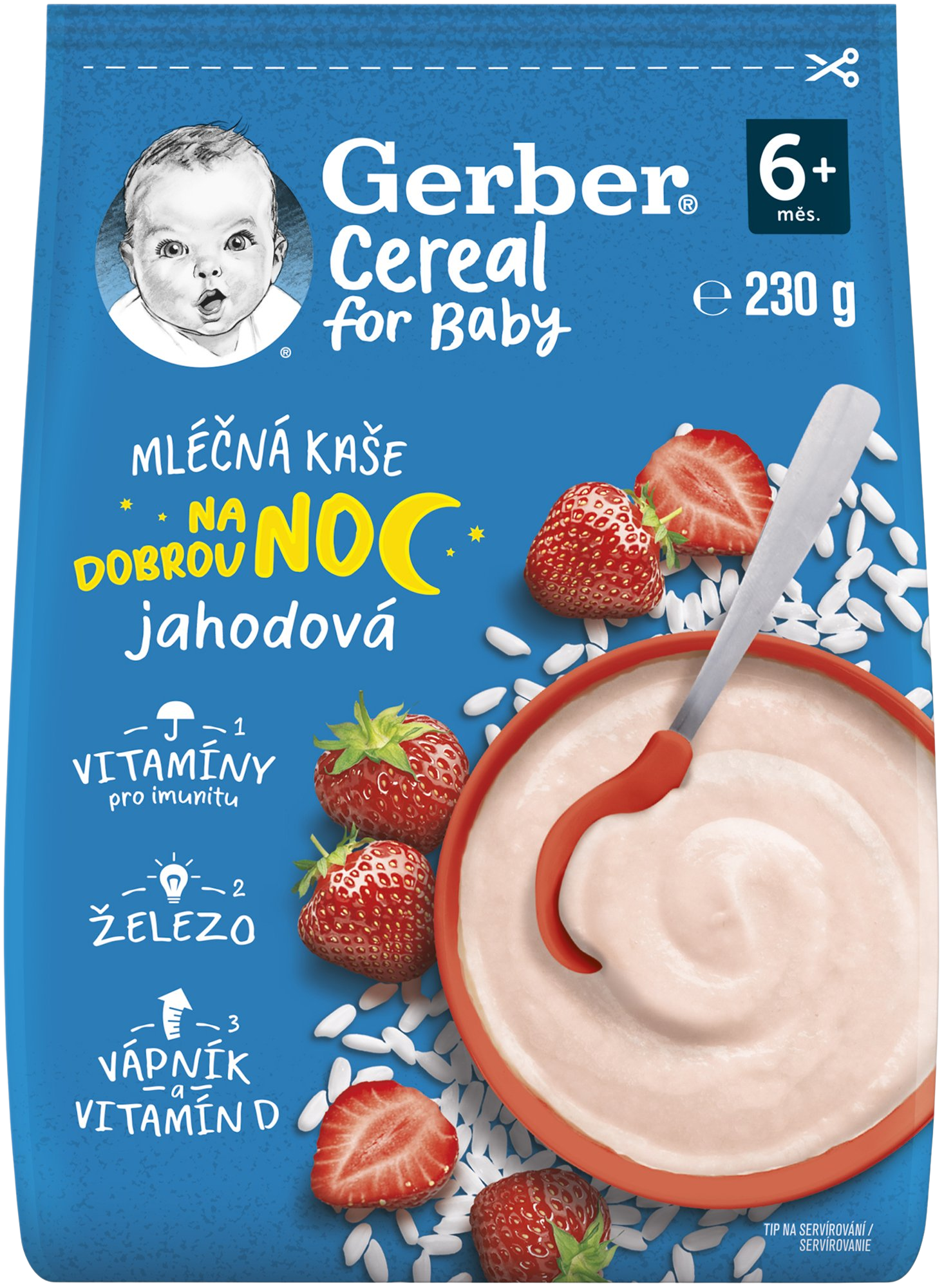 Gerber Cereal mléčná kaše jahodová Dobrou noc 230 g
