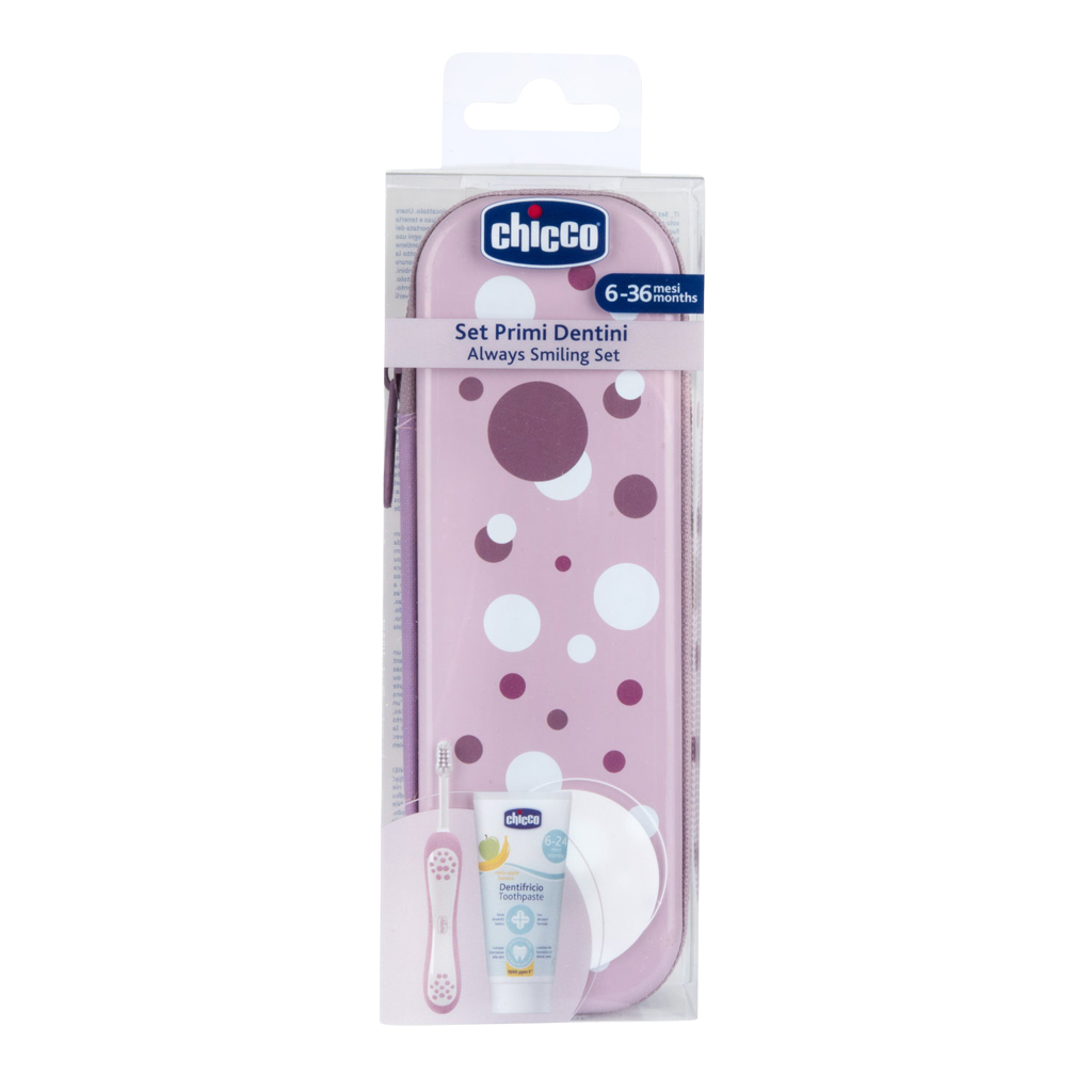CHICCO Set zubní kartáček a pasta v pouzdře Always smiling - lilac, 6m+