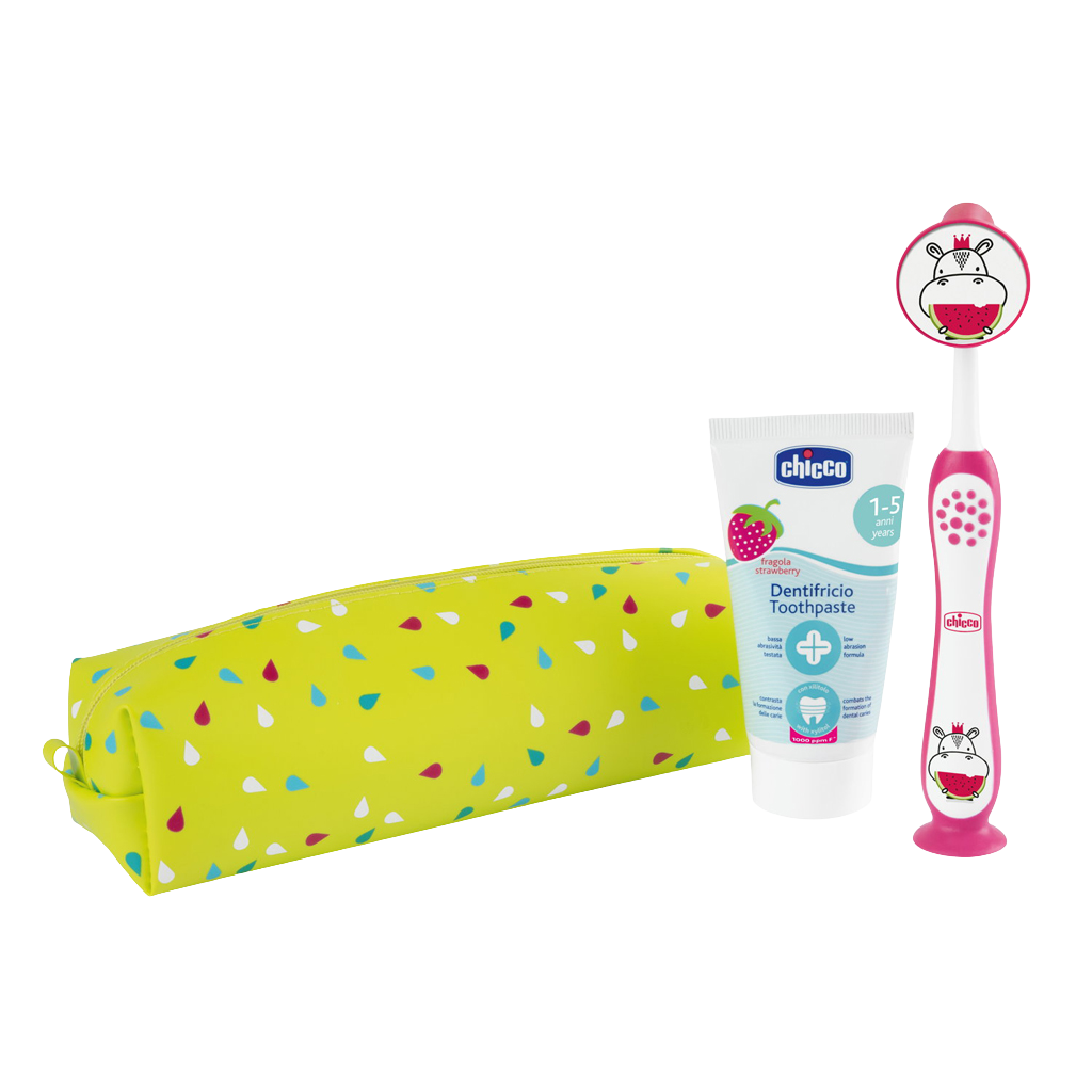 CHICCO Set zubní kartáček a pasta v pouzdře - Hippo, 3r+