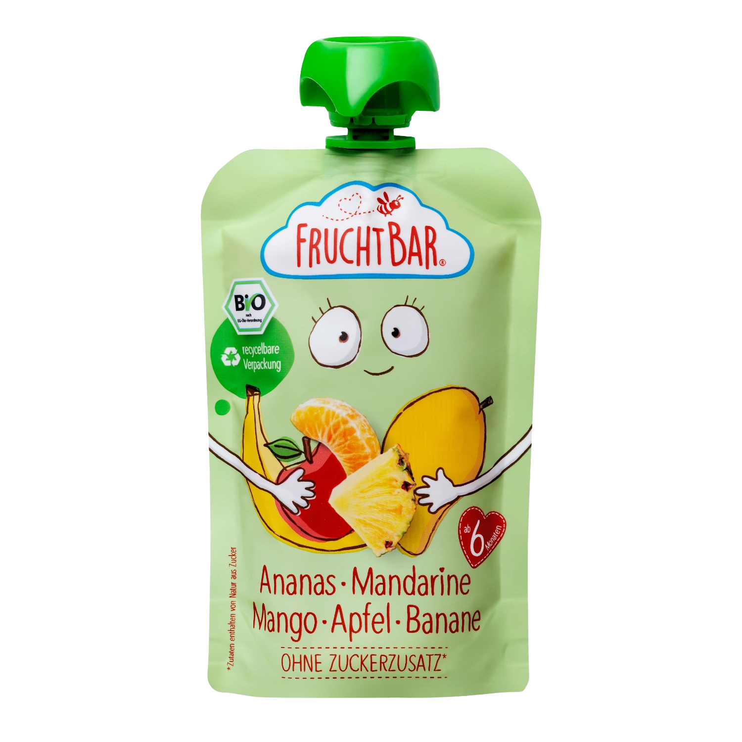 FRUCHTBAR BIO Ovocná kapsička s jablkem, ananasem, mangem, banánem a mandarinkou 100 g