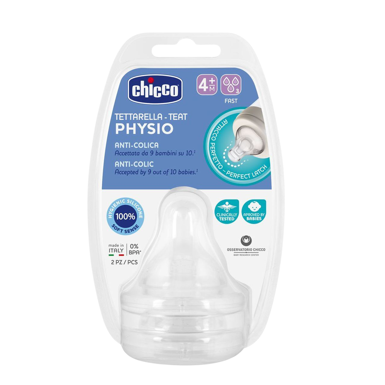 CHICCO Savička na láhev Perfect 5/Well-Being fyziologický rychlý průtok 4m+ 2 ks