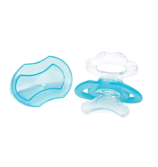 Fotografie BABYONO Kousátko silikonové bez BPA ve tvaru dudlíku s krytem modrá 3m+