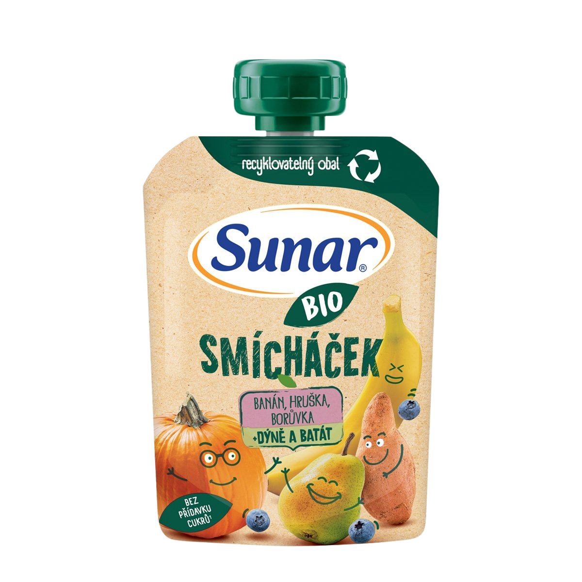 Sunar BIO ovocná kapsička Smícháček banán, hruška, tekvica, batáty a čučoriedky 100 g