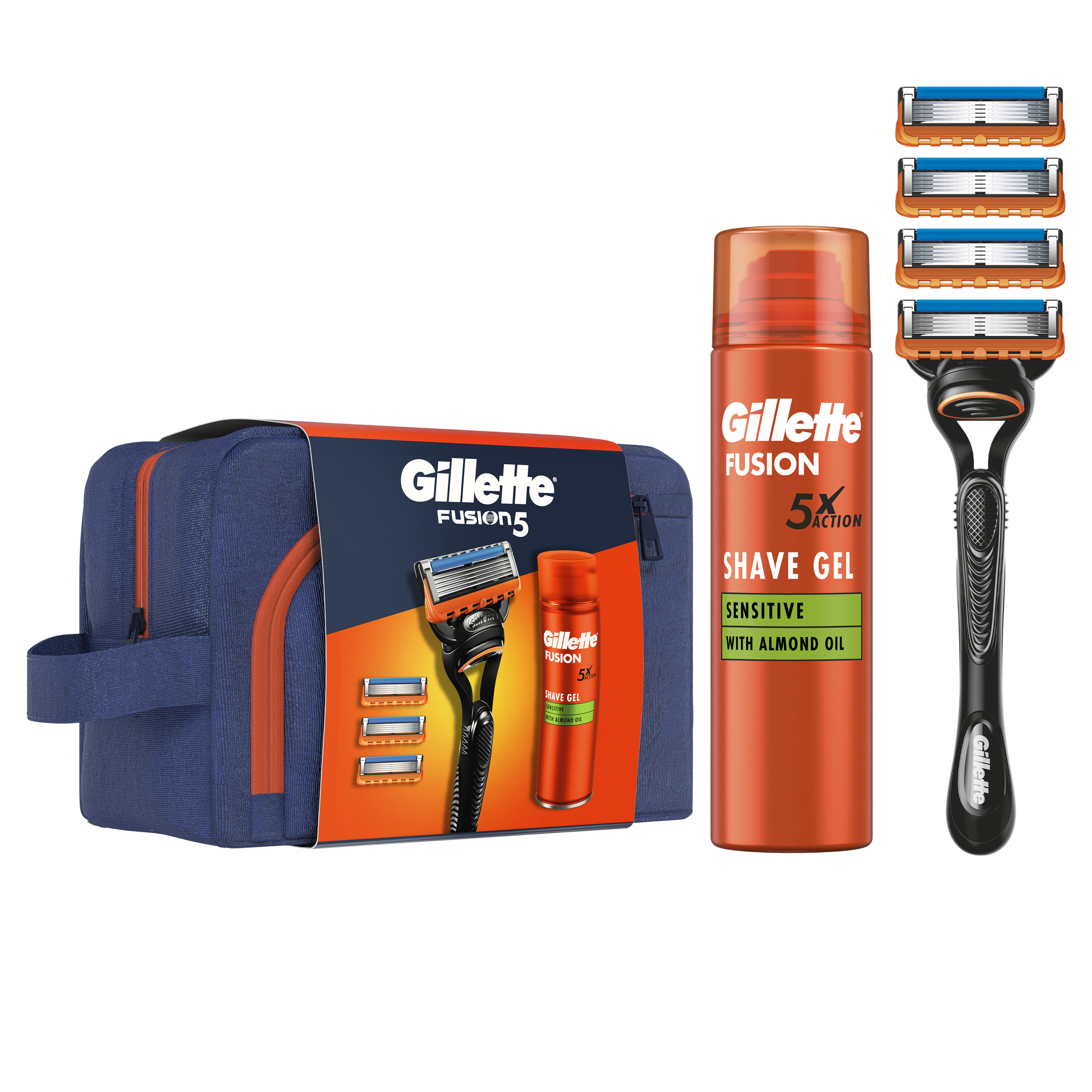 GILLETTE Dárková sada Fusion holicí strojek + 4 hlavice + Fusion gel 200 ml
