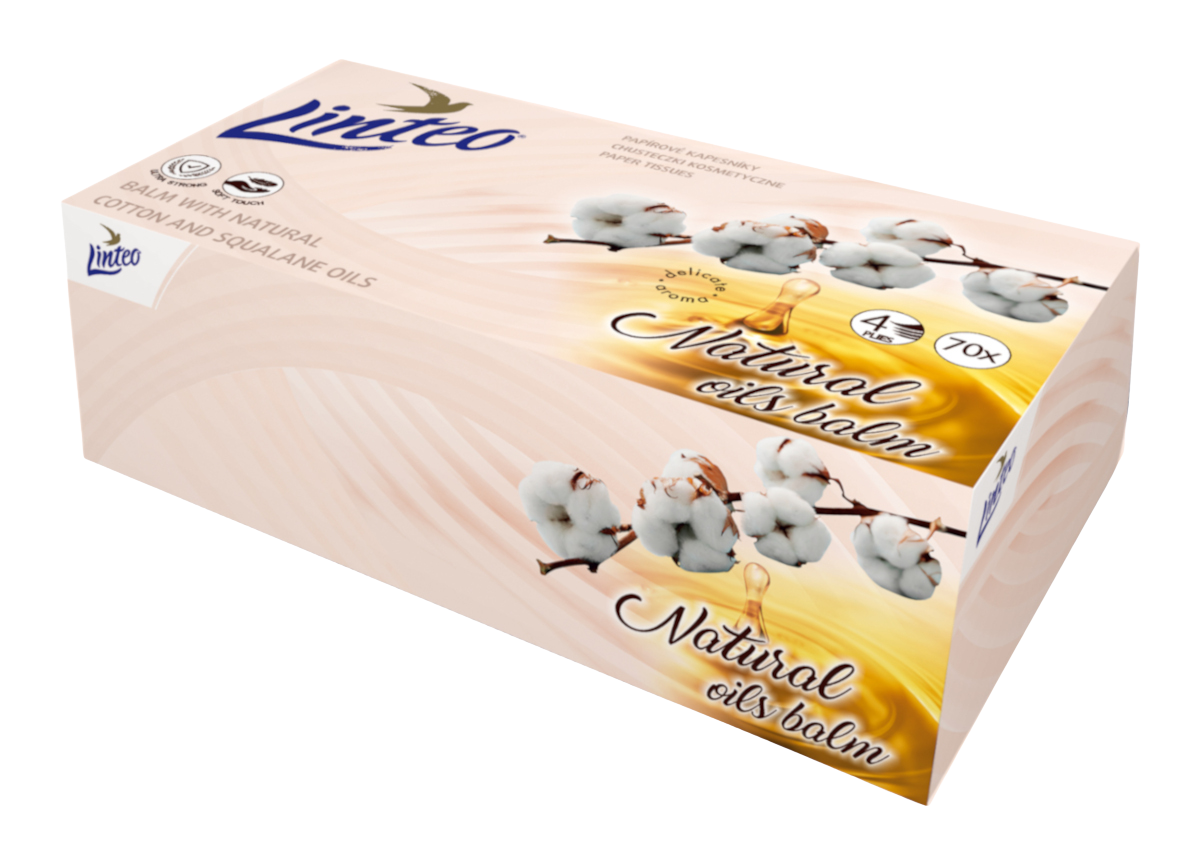 LINTEO Papierové vreckovky 4vrstvové s balzamom a bavlníkovým olejom BOX 70 ks