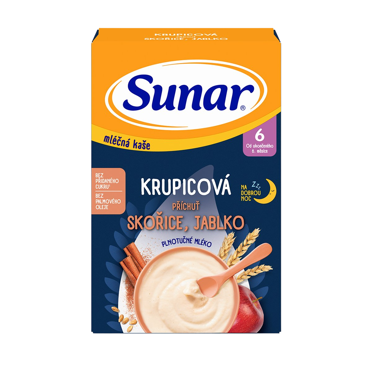 SUNAR mliečna krupicová kaša na dobrú noc škorica, jablko 210 g