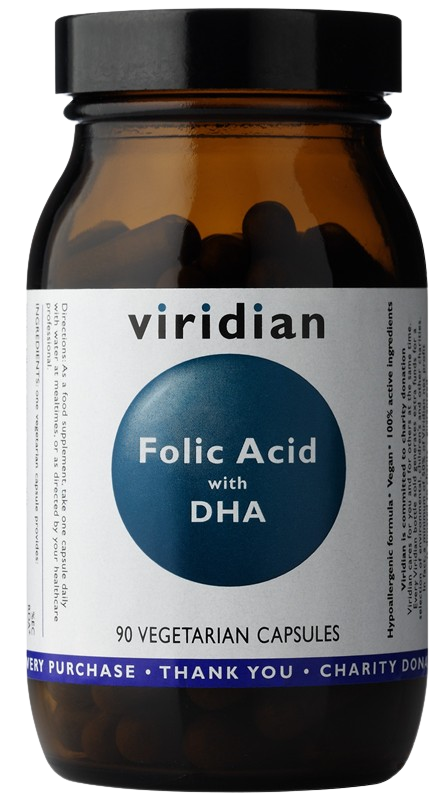 Viridian Nutrition Folic Acid with DHA kapsuly pre ženy tehotné, dojčiace alebo plánujúce tehotenstvo 90 cps